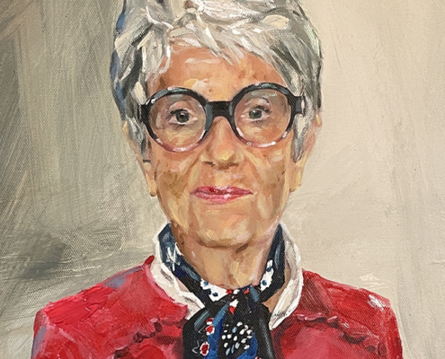 Portretschilderij: oudere vrouw geschilderd modern portret. Zittend totaal beeld van portretschilder Antonie de Rooij.