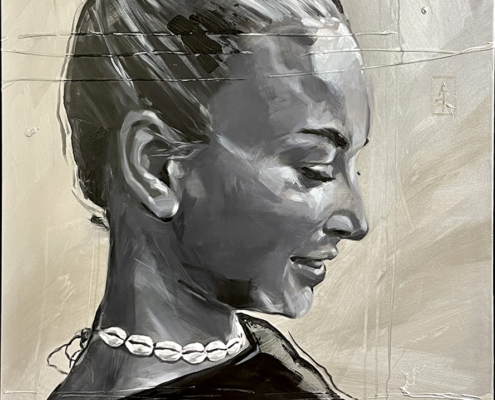 Portretschilderij: Zwart-wit portret van Tess een groot portret van 100x140 cm. Geschilderd door portretschilder Antonie de Rooij