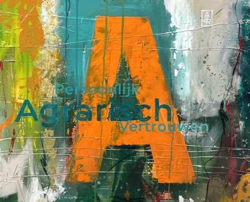 Abstract schilderij voor AEC Accountancy, voor het 25-jarig bestaan zijn de kernwaardes uitgebeeld.