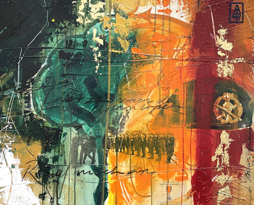 Een abstract schilderij in opdracht voor Lidl Nedereland. Afscheidscadeau voor Marcel van Oosterwijk