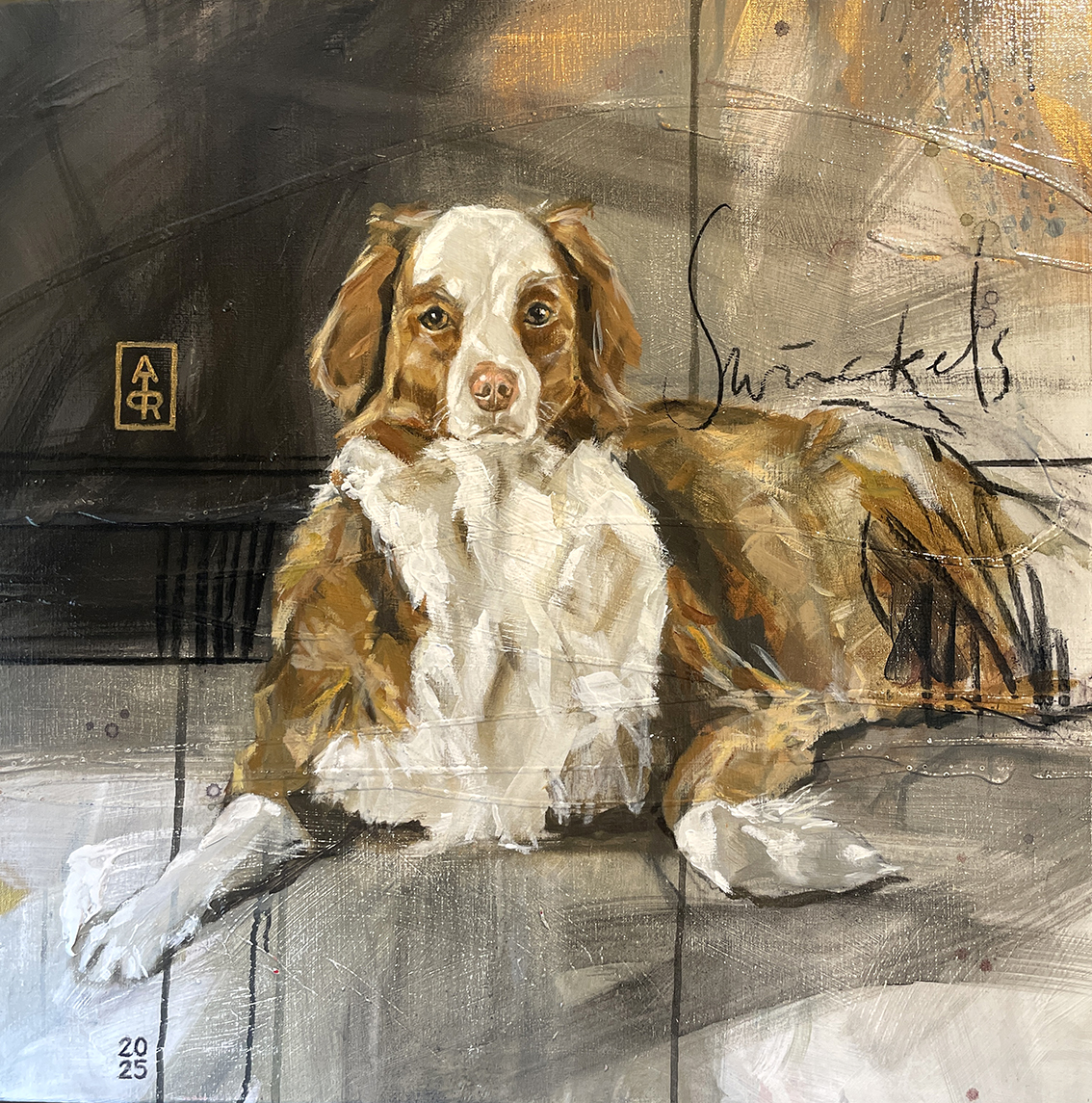 Portret van mijn hond Swinckels een Nova Scottia Duck Toller, een handgeschilderd portret.