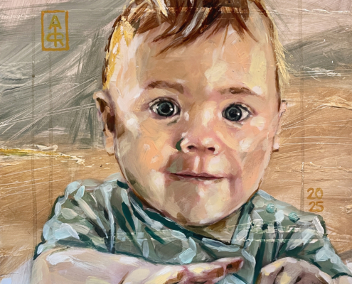 Portret van een baby van 9 maanden, acryl op doek in opdracht.
