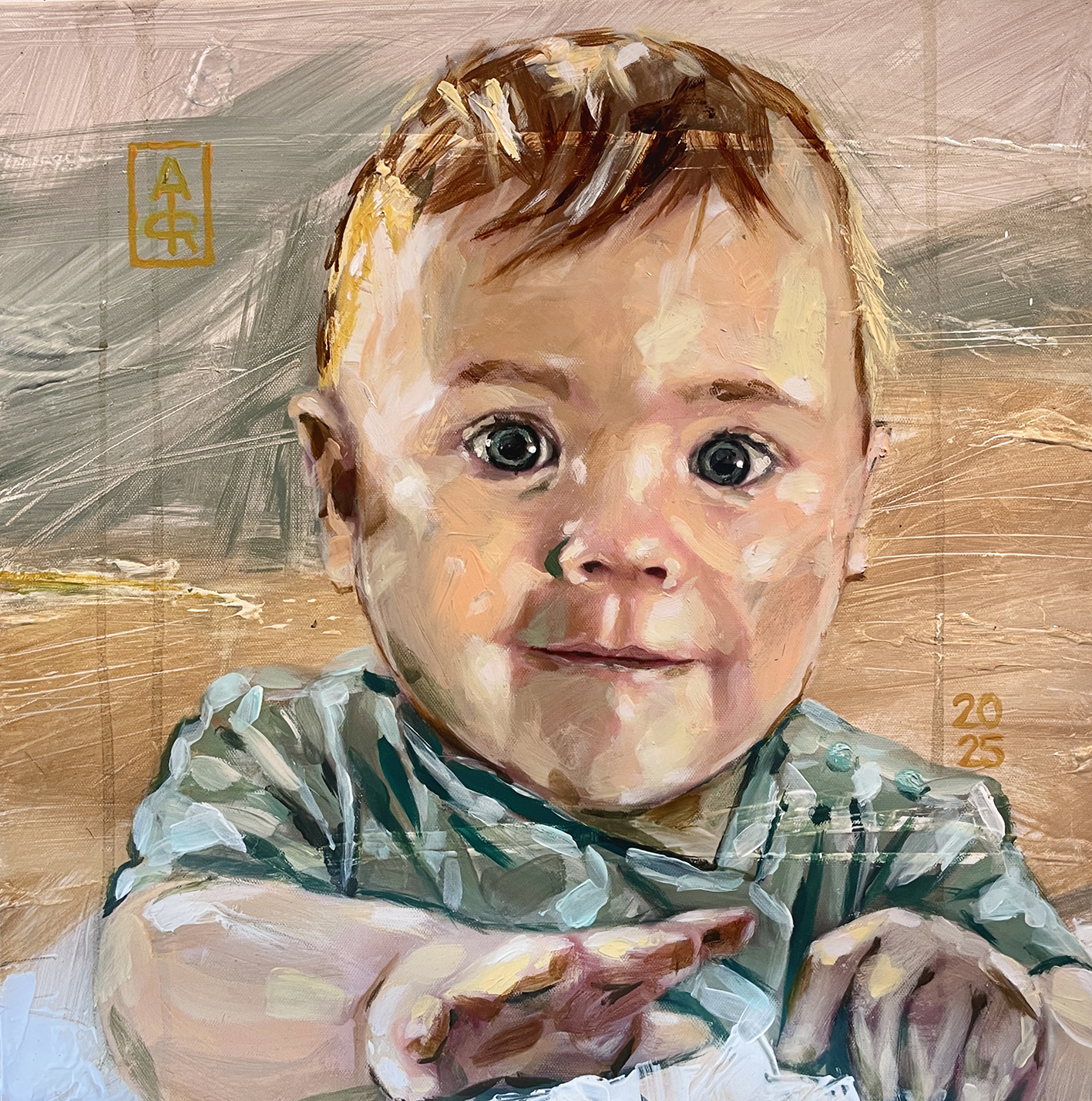 Portret van een baby van 9 maanden, acryl op doek in opdracht.