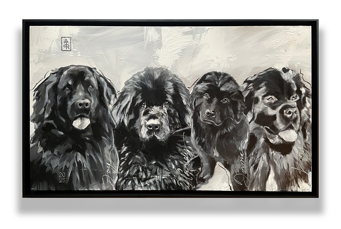 Newfoundlanders 4 honden op een doek geschilderd acryl op canvas