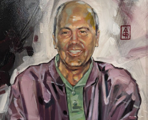 Portret van een overleden vader Sef formaat 40x40 cm met houten baklijst