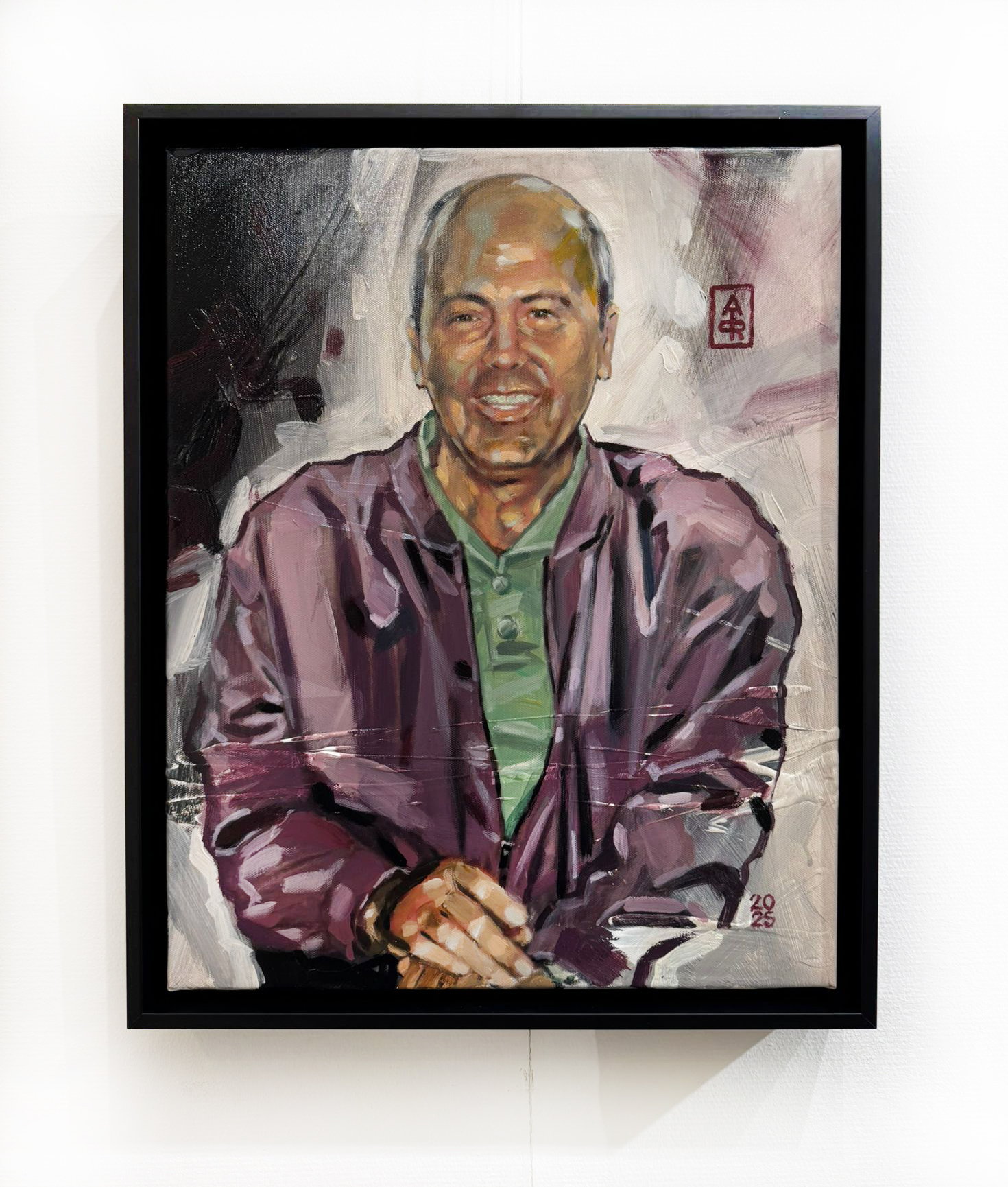 Portret van een overleden vader op formaat 40x40 cm met houten baklijst