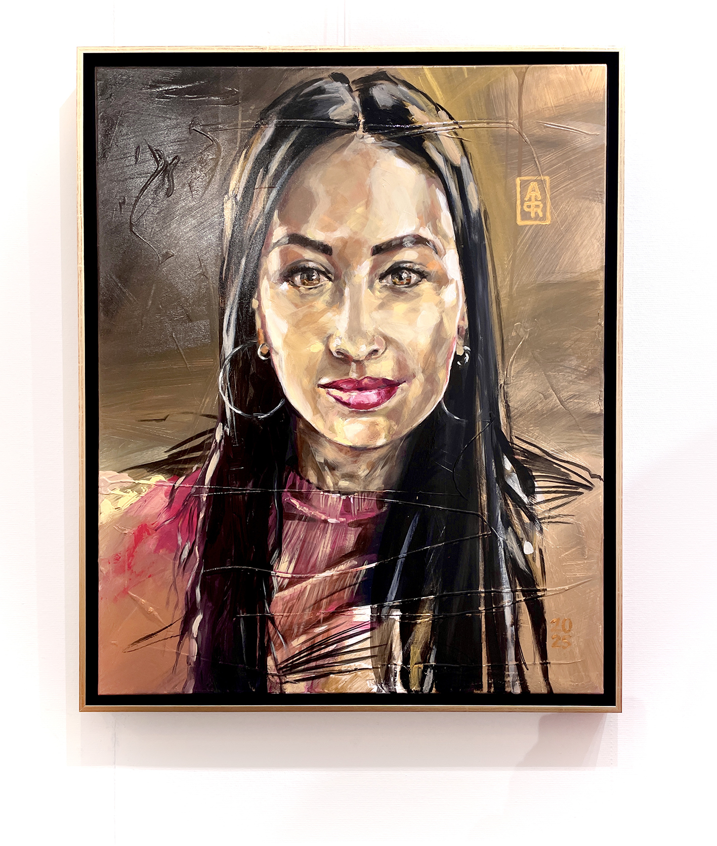 portret van een overleden zus groot formaat 80x100 cm met rode jurk