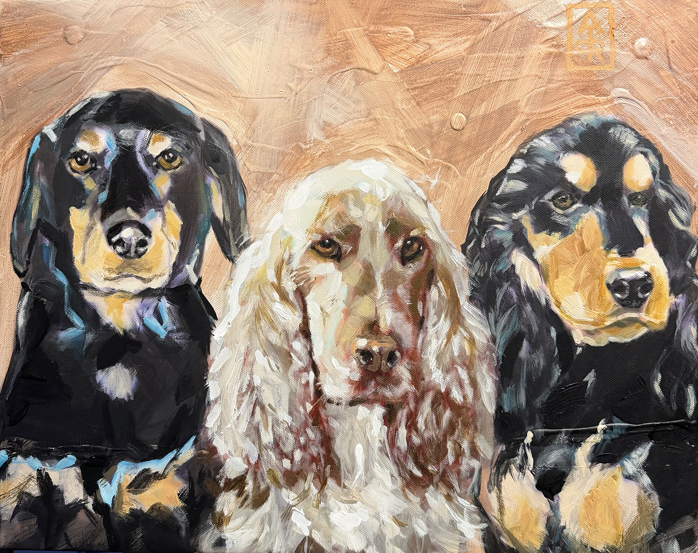 Cocker Spaniel's drie honden op een doek en een Cocker Rottweiler Spaniel