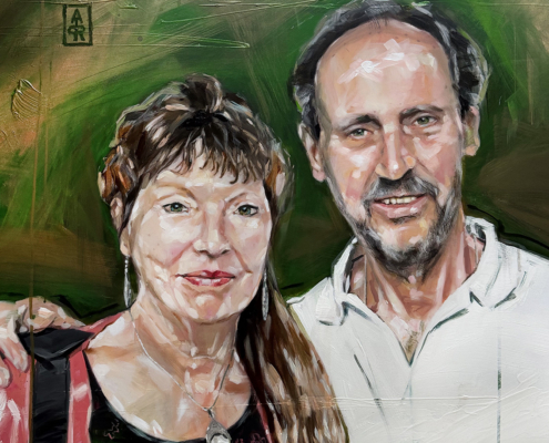 echtpaar geschilderd in groene achtergrond, acryl op linnen