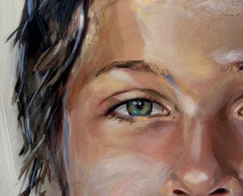 Geschilderd portret van een jongen in wit hemd acryl op linnen